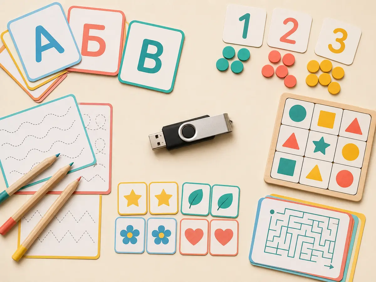 USB-флешка серед матеріалів з буквами, цифрами, логікою, увагою та підготовкою руки до письма